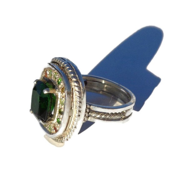 Unique Natural Chrome Diopside Ring With Demantoid Garnets Sterling Silver Sz 7 - Picture 8 of 10
